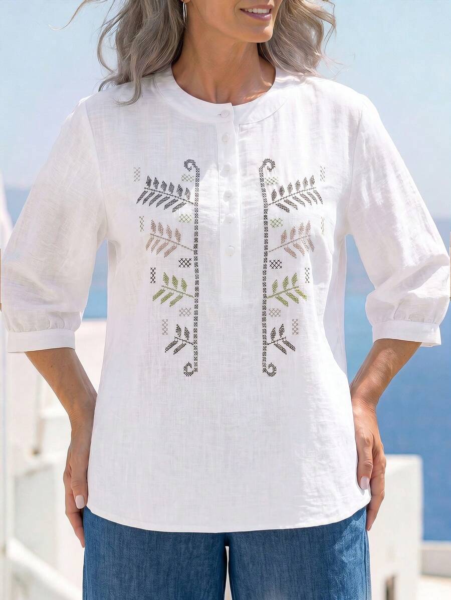 EMERY ROSE Women's Casual Button-Up 3/4 Sleeve Shirt For Summer - White - View 1