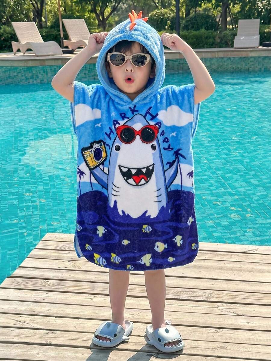 SHEIN Penutup Baju Renang Berkerudung Sherpa Lembut dengan Desain Dinosaurus 3D, Jubah Handuk Liburan Pantai Musim Panas untuk Anak-anak, Nyaman untuk Jalan-jalan, Liburan & Pesta Ulang Tahun - Biru - View 1