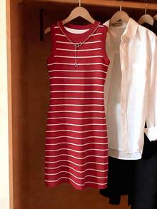 Resyla Women's Spring/Summer New Arrival Striped Print Round Neck Fitted Camisole Dress Everyday Red And White Striped Casual - Multicolor - View 3