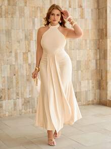 Roveilla Vestido largo elegante y sexy de verano con escote halter y espalda descubierta, vestido largo ajustado de un solo color con espalda retorcida y sin mangas - Beis - Ver 6