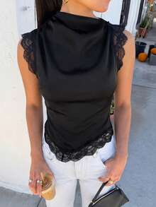 Firerie Black Sleeveless Satin Lace Patchwork Asymmetric Top For Ladies Bussines Casual Summer Teacher Going Out Holiday - Black - View 6