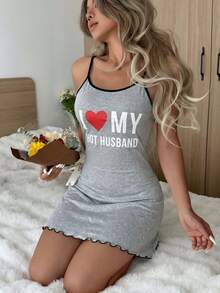 SHEIN 女士休闲字母印花吊带睡裙 - 淺灰色 - 查看 6