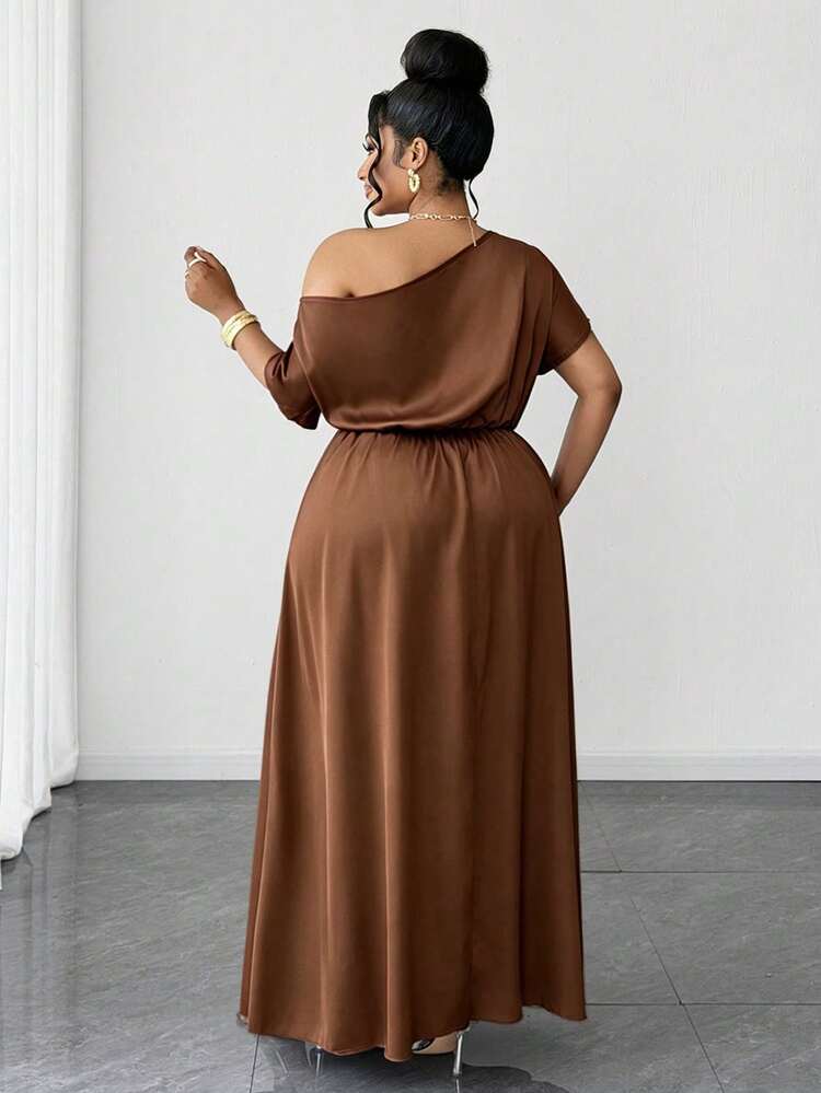 amazon plus size brown dresses Maweii Elegant High-End Asymmetric Shoulder Split Dress Marine Ball Azazie Sicily Size:12 (UK 16) size wardrobe