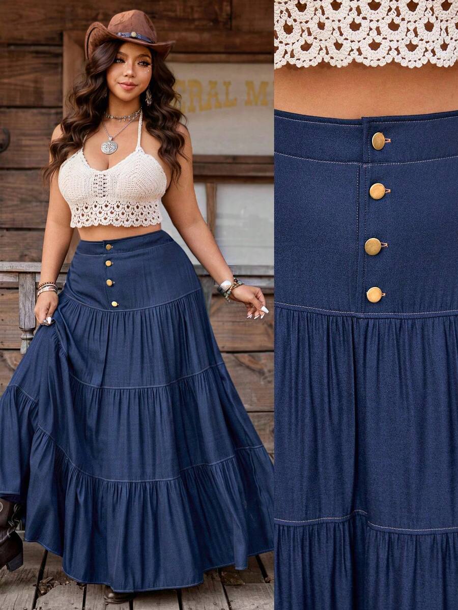 Nubod Falda casual romántica de estilo francés para talla grande - Azul - Ver 1