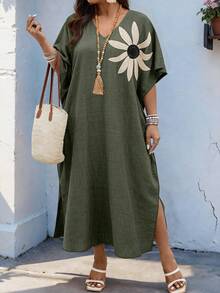 Weeklong Plus Size Women's V-Neck Raglan Sleeve Applique Loose Dress, Suitable For Daily Wear And Vacation - Army Green - View 1