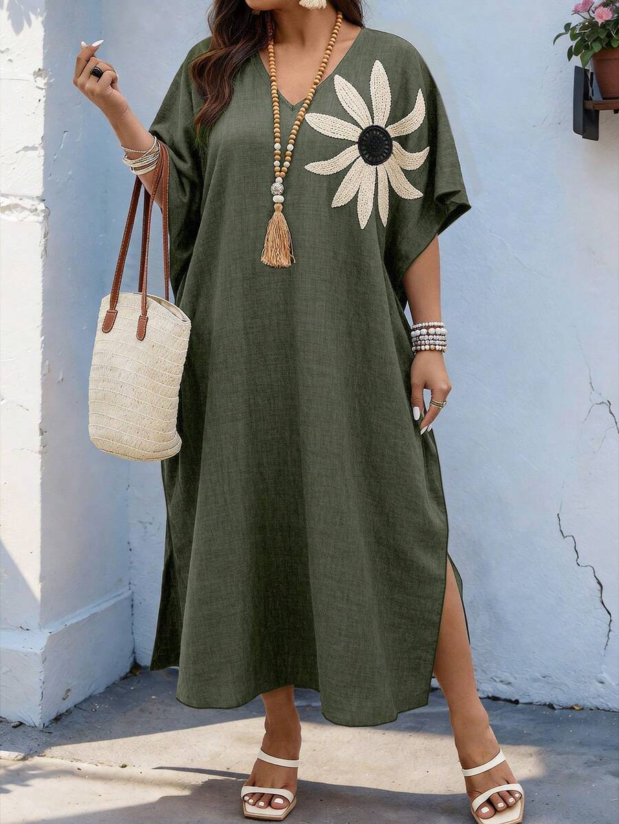 Weeklong Plus Size Women's V-Neck Raglan Sleeve Applique Loose Dress, Suitable For Daily Wear And Vacation - Army Green - View 1