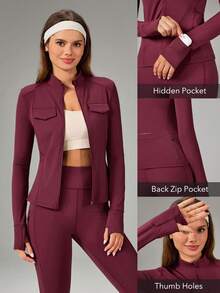 OutZeal Chaqueta deportiva para mujer, chaqueta con cremallera ajustada y de secado rápido para gimnasio y entrenamiento, con múltiples bolsillos - Burdeos - Ver 4