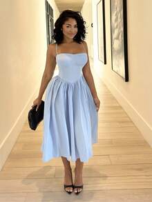 Alexandranx Robe camisole élégante et polyvalente pour femmes, avec ourlet à volants, pour rendez-vous galants et soirées, automne/hiver, été - Bleu ciel - Voir 3