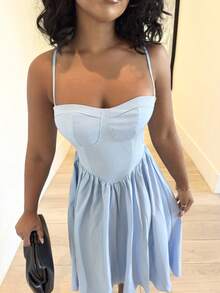 Alexandranx Robe camisole élégante et polyvalente pour femmes, avec ourlet à volants, pour rendez-vous galants et soirées, automne/hiver, été - Bleu ciel - Voir 6