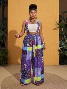 Maweii Plus Size Women Retro Patchwork Print Jumpsuit Fall - Lilac Purple - View 4
