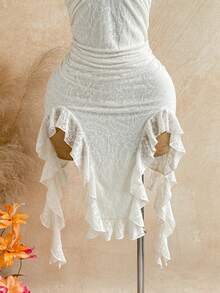 Soleia Women's Fashion Front Knot Ruched Lace Patchwork Asymmetrical Hem Dress - Beige - View 5