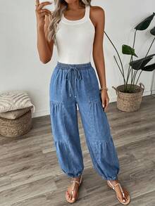 Easowa Quần jeans nữ ống côn eo dây rút phong cách casual, thời trang Y2K dễ thương coquette, thanh lịch, phù hợp đi làm công sở, đi chơi, đi biển, dự tiệc, đám cưới, lễ tốt nghiệp, đi du lịch, lễ hội mùa hè, streetwear cho nữ - Màu xanh lam - Xem 3