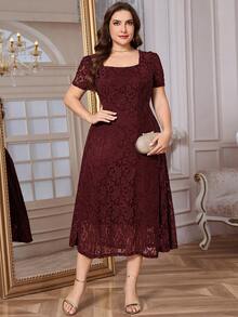 SHEIN Clasi Plus Size Solid Color Lace Square Neck Short Sleeve Dress - Burgundy - View 5