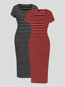 Sweetra 2pcs/Set Plus Size Black White Gray Striped Casual Fashionable Versatile Long Dress For Summer - Multicolor - View 3