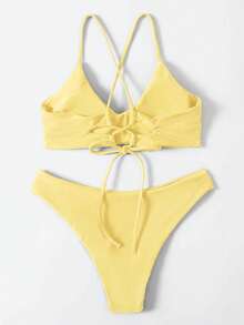 Swim Basics 女款夏季海灘純色綁帶性感比基尼泳衣套裝，無鋼圈 - 黃色 - 查看 7