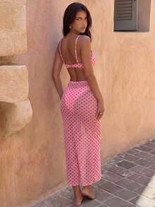 ezas Primavera/Verano: Camisola con aros y efecto push-up de unicolor, braguita de baño de corte alto y falda larga de malla, conjunto de traje de baño para vacaciones en la playa para mujer - Rosa 2 - Ver 2