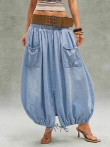 Bohemela Chân váy denim dài buộc dây thời trang cho nữ - Màu xanh lam - Xem 6