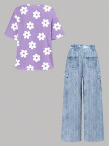 復古甜美紫色花卉印花圖案、塗鴉風格花卉、少女風、Chill Chill、Y2K、Kawaii、青少年女孩夏季圓領短袖T恤與休閒工裝褲2件套，青少年女孩夏季穿搭套裝 - 彩色 - 查看 3