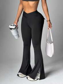 Dewbera Dewbera Women's Minimalist Solid Color Overlap Waist Split Flare Leg Sports Pants - Black - View 3