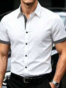 Manfinity Mode Men Plus Size Contrast Color Minimalist Short Sleeve Shirt Casual Streetwear Summer Texture Material Top White Formal, Ceremony - White - View 1