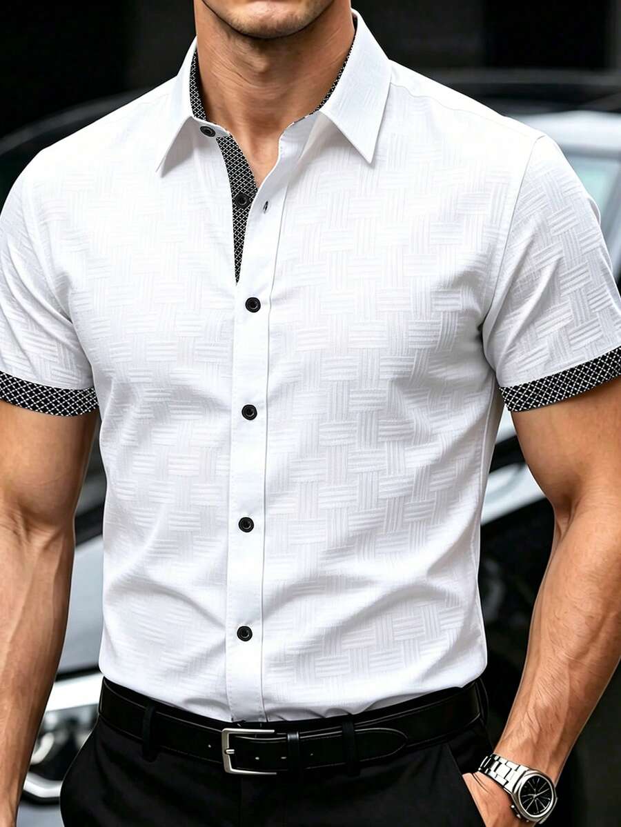 Manfinity Mode Men Plus Size Contrast Color Minimalist Short Sleeve Shirt Casual Streetwear Summer Texture Material Top White Formal, Ceremony - White - View 1