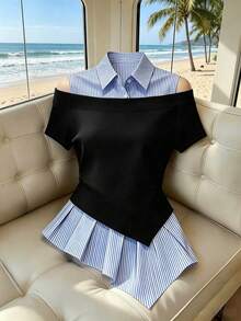 SHEIN French 2-In-1 Black And White Stripe Cold Shoulder T-Shirt - Summer Contrast Waist-Cinched Slim Ruffle Hem Short Sleeve Top Travel Casual - Navy Blue - View 3