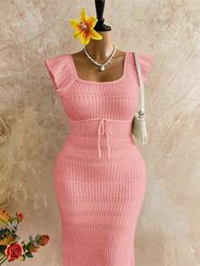 Firerie Plus Size Solid Color U-Neck Cap Sleeve Ruffle Hem Drawstring Summer Sweater Dress Fall - Pink - View 9