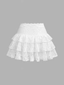 SHEIN Girlism 少女/青少年白色蕾丝边网纱层叠荷叶边A字迷你裙，带内衬短裤，百搭蓬蓬裙，适合夏季、休闲、运动、上学等各种场合，四季皆宜。 - 白色 - 查看 2