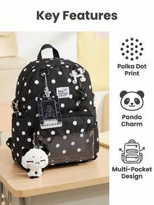 Mochila Casual Versátil, Impermeable y Portátil para Viajes al Aire Libre - Puntos en blanco y negro - Ver 4