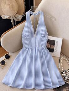 Qadelle Đầm crop top mùa hè gợi cảm, hở lưng, cổ chữ V, không tay, kẻ sọc xanh dương, phối ren, thích hợp cho kỳ nghỉ, đầm hè cho nữ, đầm đi biển, đầm nữ thanh lịch. - Màu xanh lam - Xem 3