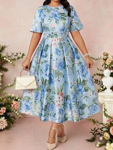 Fleurora Đầm nữ size lớn họa tiết hoa cổ tròn tay ngắn thiết kế xếp ly thanh lịch - Màu xanh lam - Xem 3