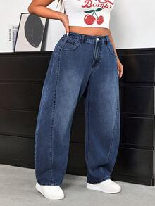 SHEIN ICON Plus Size Casual Everyday Washed Slant Pocket Loose Fit Jeans - Blue - View 5