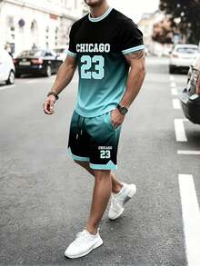 Gym Rark Men's Round Neck Gradient Short Sleeve Loose Casual Fitness Sports Set, Summer, Gym - Multicolor - View 1