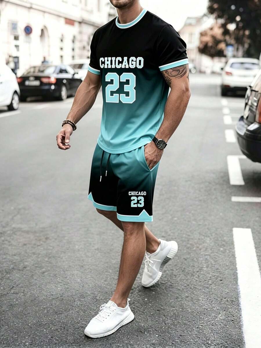 Gym Rark Men's Round Neck Gradient Short Sleeve Loose Casual Fitness Sports Set, Summer, Gym - Multicolor - View 1