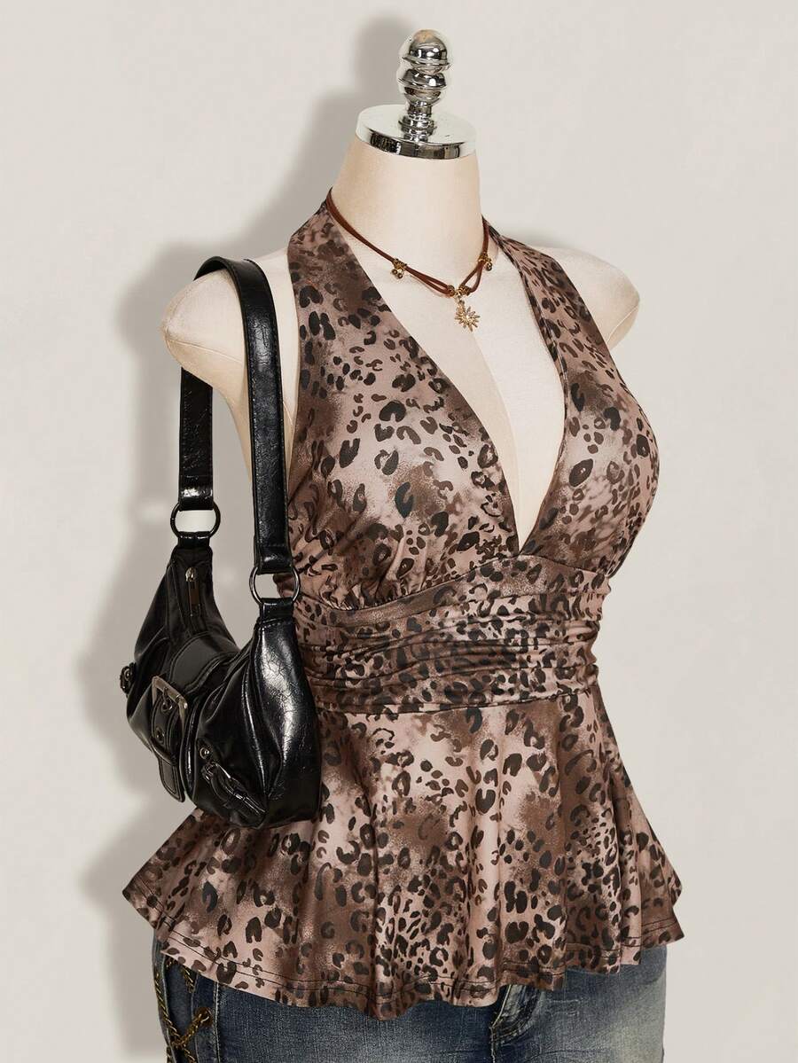 SHEIN ICON Plus Size Women's Chocolate Brown Summer 70's Leopard Print Top Y2K 80s 90s Retro Deep V Halter Neck Waist Gathered Loose Hem Night Brunch Party - Multicolor - View 1