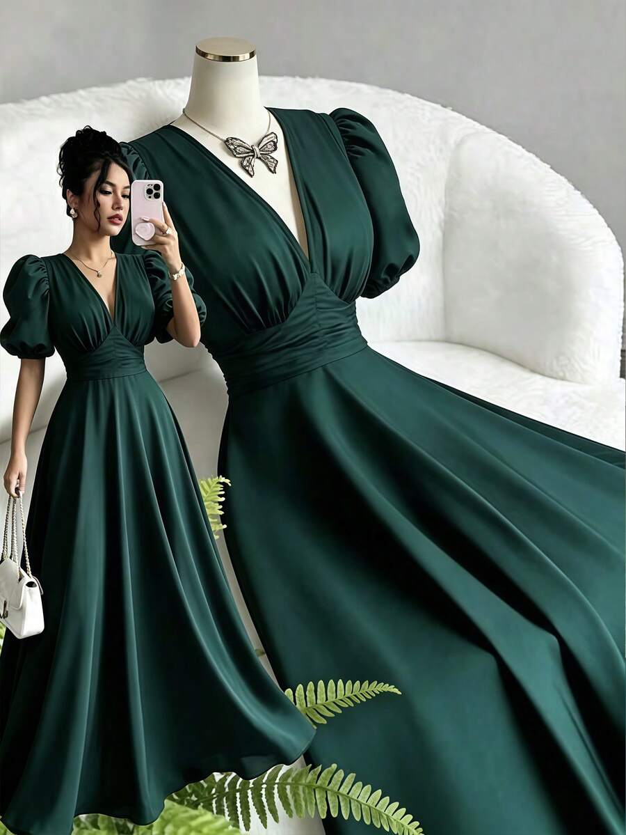 Elenzga Đầm nữ cổ chữ V xếp ly màu trơn, thích hợp cho tiệc tùng và du lịch. - Màu xanh lá cây đậm - Xem 1