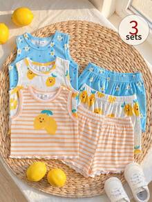 SHEIN Playful Pals 6件套女婴套装，白色、橙色、蓝色柠檬条纹、碎花、波点印花无袖上衣+松紧腰短裤，休闲可爱清新套装，柔软针织罗纹面料，适合春夏日常外出、上学、购物、公园、聚会、旅行等场合。 - 彩色 - 查看 12