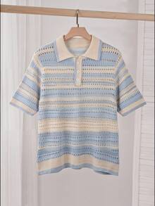 Manfinity Hypemode Men's Summer Vacation Contrast Color Hollow Out Knit Short Sleeve Top - Baby Blue - View 3