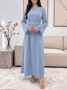 Veilorie Elegant Arabic Style Floral Patchwork Round Neck Waist Cinched Long Sleeve Dress - Blue - View 7