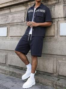 PAVTROS Men's Summer Lightweight Thin Striped Woven Retro Denim-Feel Gothic Text Print Short Sleeve Shirt And Casual Shorts Set - Navy Blue - View 4