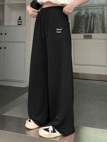 Dazy Designer Women's Pink Letter Printed Drawstring Design Long Pants - Black - View 6