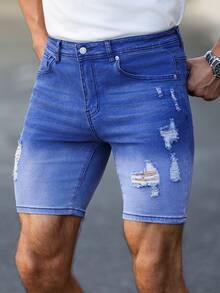 EGENSIO Quần short jean bó rách dành cho nam - Màu xanh lam - Xem 6