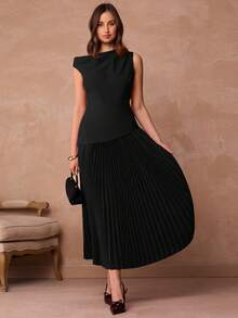 Enchnt Damen Einfarbiges Asymmetrisches Schulter Plissee Saum Elegantes Kleid - Schwarz - Übersicht 5