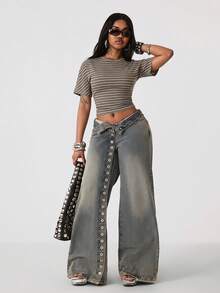 Coolane Áo thun crop top mùa hè dành cho nữ, phong cách tối giản Y2K, cơ bản, thích hợp mặc hàng ngày, đi học, phong cách đường phố, co giãn, kẻ sọc, dáng rộng, xếp ly. - Màu xanh Ô liu - Xem 2