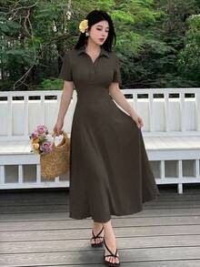 Modelyn Women's Solid Color Knit Mid-Length Dress Coffee Brown Polo Collar Textured Midi Dress Textured Crinkle Fabric Two-Way Stretch Spandex Summer Dress - Khaki - View 6