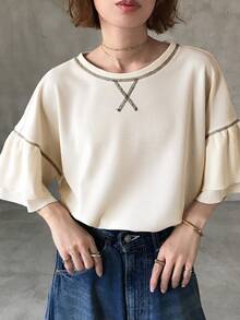 FRIFUL Women's Casual Loose Fit Round Neck Ruffle Sleeve T-Shirt Summer - White - View 9