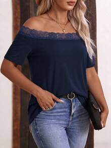 EMERY ROSE Casual Vintage Basic Lace Patchwork Off-Shoulder Short Sleeve T-Shirt, Plus Size - Blue - View 4