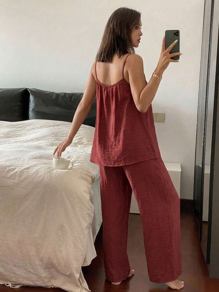 Women's Solid Color Spaghetti Strap Sleeveless Casual Loose Pajama Set, Summer
