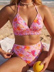SHEIN Swim Plus Size Swimwear Women Over 200lbs, Cerise Pink Two-Piece Bikini With Halter, High Waist, Purple Sunflower Print, Summer Boho Beach Vacation Holiday - Pink - View 3