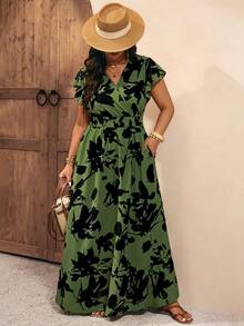EMERY ROSE 優雅通勤度假風休閒女裝熱銷款花卉圖案百搭舒適抽褶荷葉邊短袖鬆緊腰長洋裝，白色，大尺碼 & 高挑版 - 彩色 - 查看 6